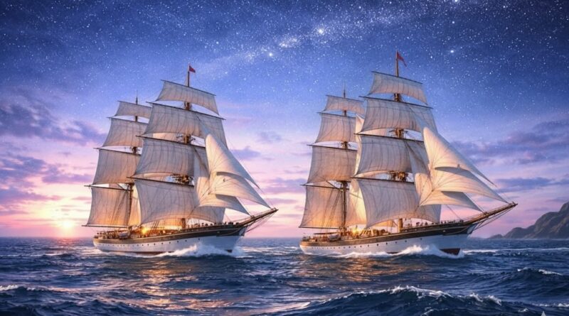 Fırtınalı bir denizde dalgalarla boğuşan yelkenli gemiler illüstrasyonu - Hep Gittim Ben Şiiri. Mehtap Altan